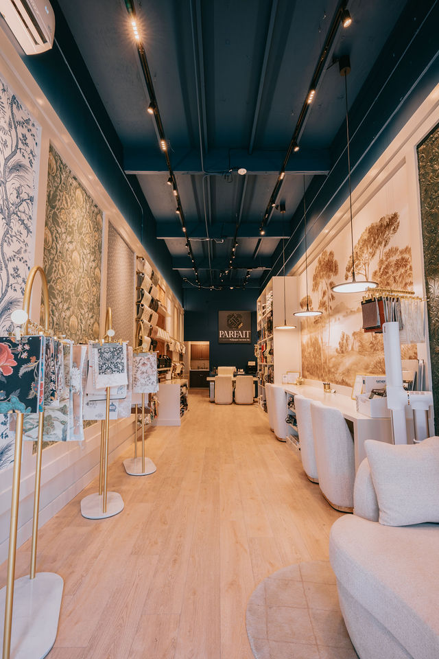 Hand-printed wallcovering detail displayed at eye level